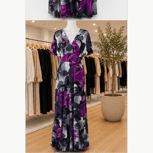 Jimi Fei Paris Maxi Jurk Dames - One Size - Paars Grijs Bloemenprint - in setting
