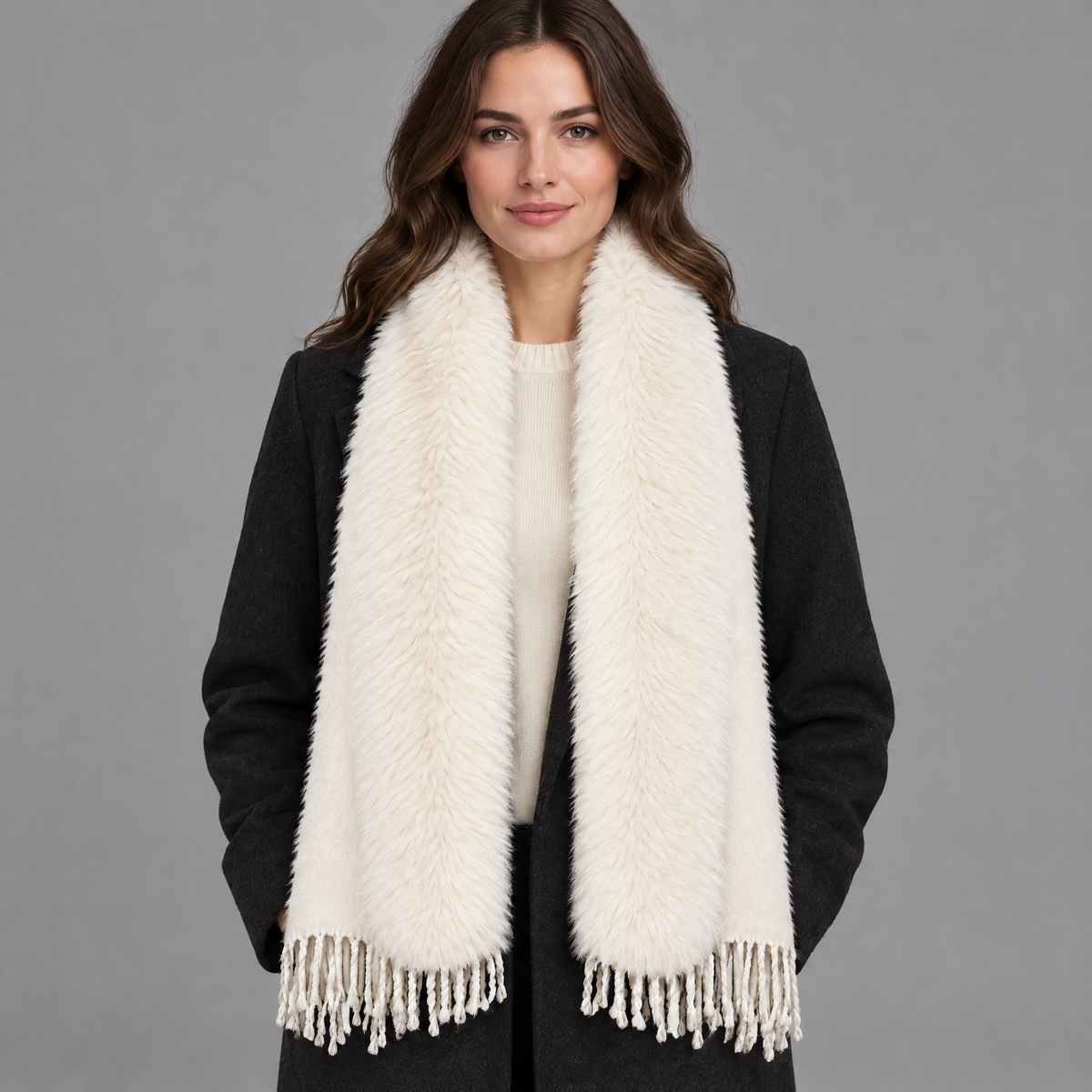 Stola met Faux Fur Kraag en Franjes in Wit