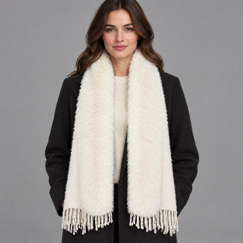 Stola met Faux Fur Kraag en Franjes in Wit