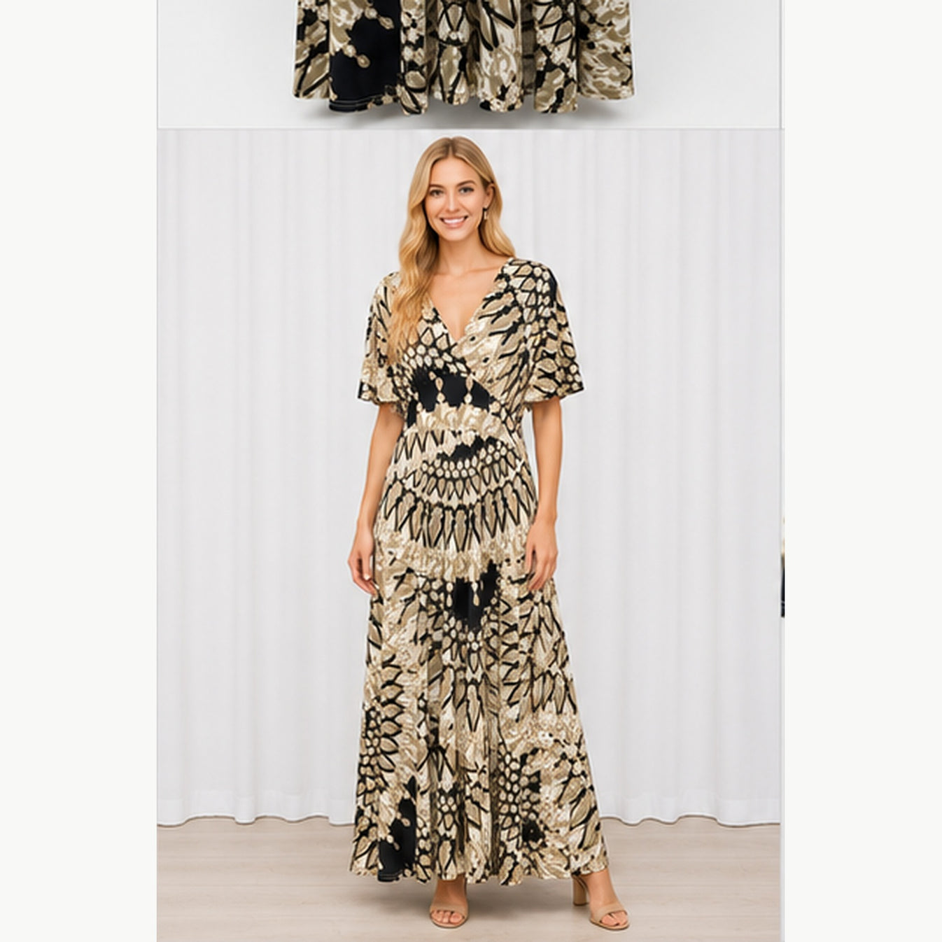Jimi Fei Paris Maxi Jurk Dames - One Size - Beige Zwart Tie-Dye Print - on model