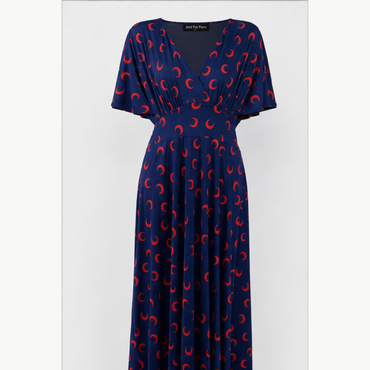 Jimi Fei Paris Maxi Jurk Dames - One Size - Navy Rood Maanprint - front