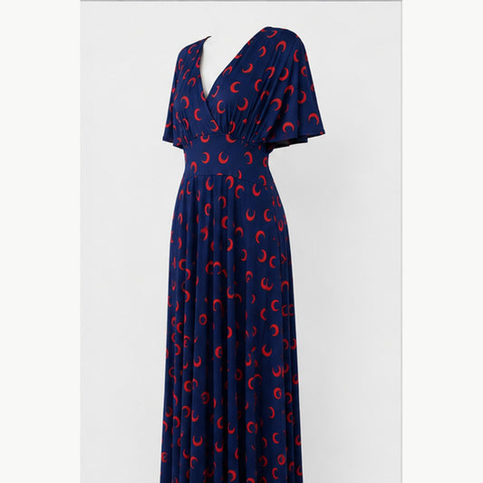 Jimi Fei Paris Maxi Jurk Dames - One Size - Navy Rood Maanprint - side