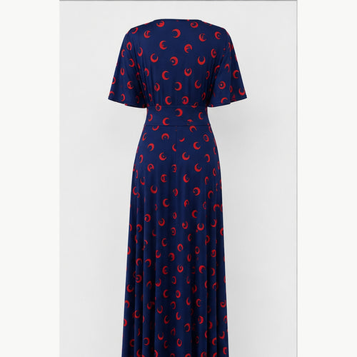 Jimi Fei Paris Maxi Jurk Dames - One Size - Navy Rood Maanprint - back