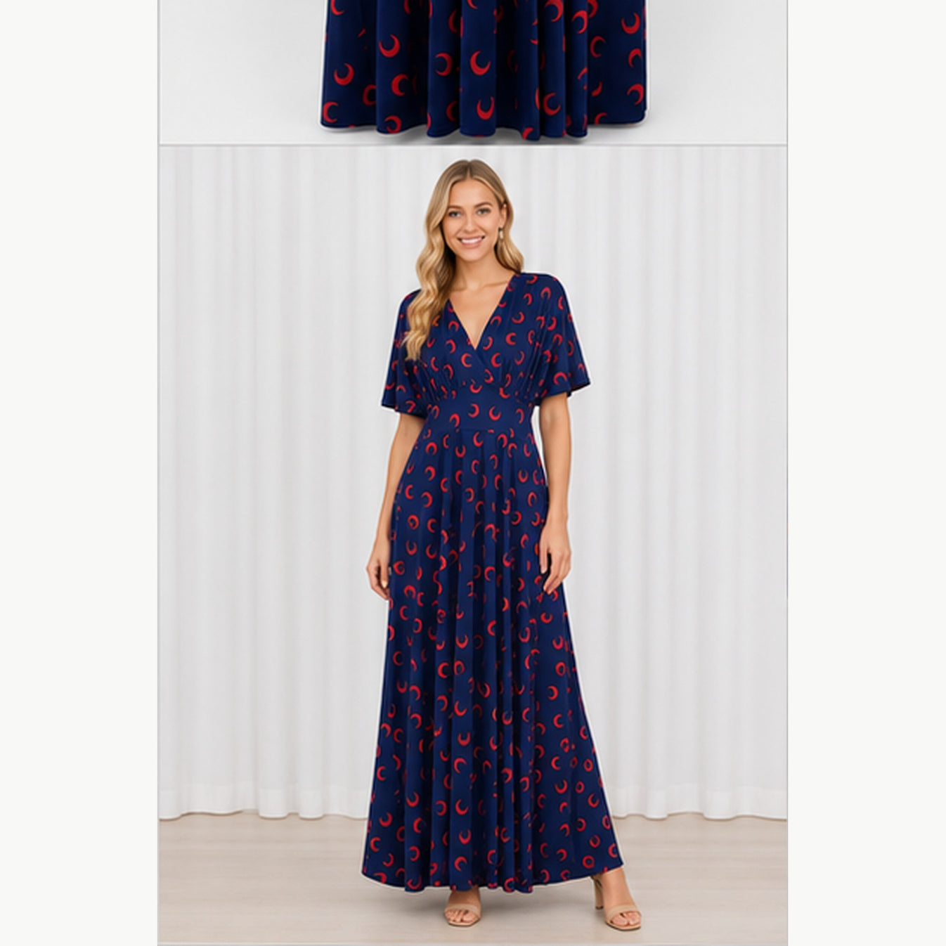 Jimi Fei Paris Maxi Jurk Dames - One Size - Navy Rood Maanprint - on model