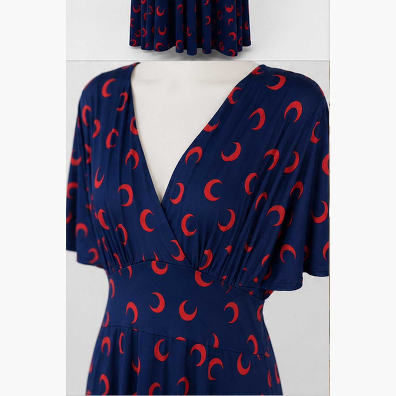Jimi Fei Paris Maxi Jurk Dames - One Size - Navy Rood Maanprint - detail