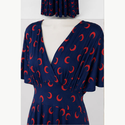Jimi Fei Paris Maxi Jurk Dames - One Size - Navy Rood Maanprint - detail