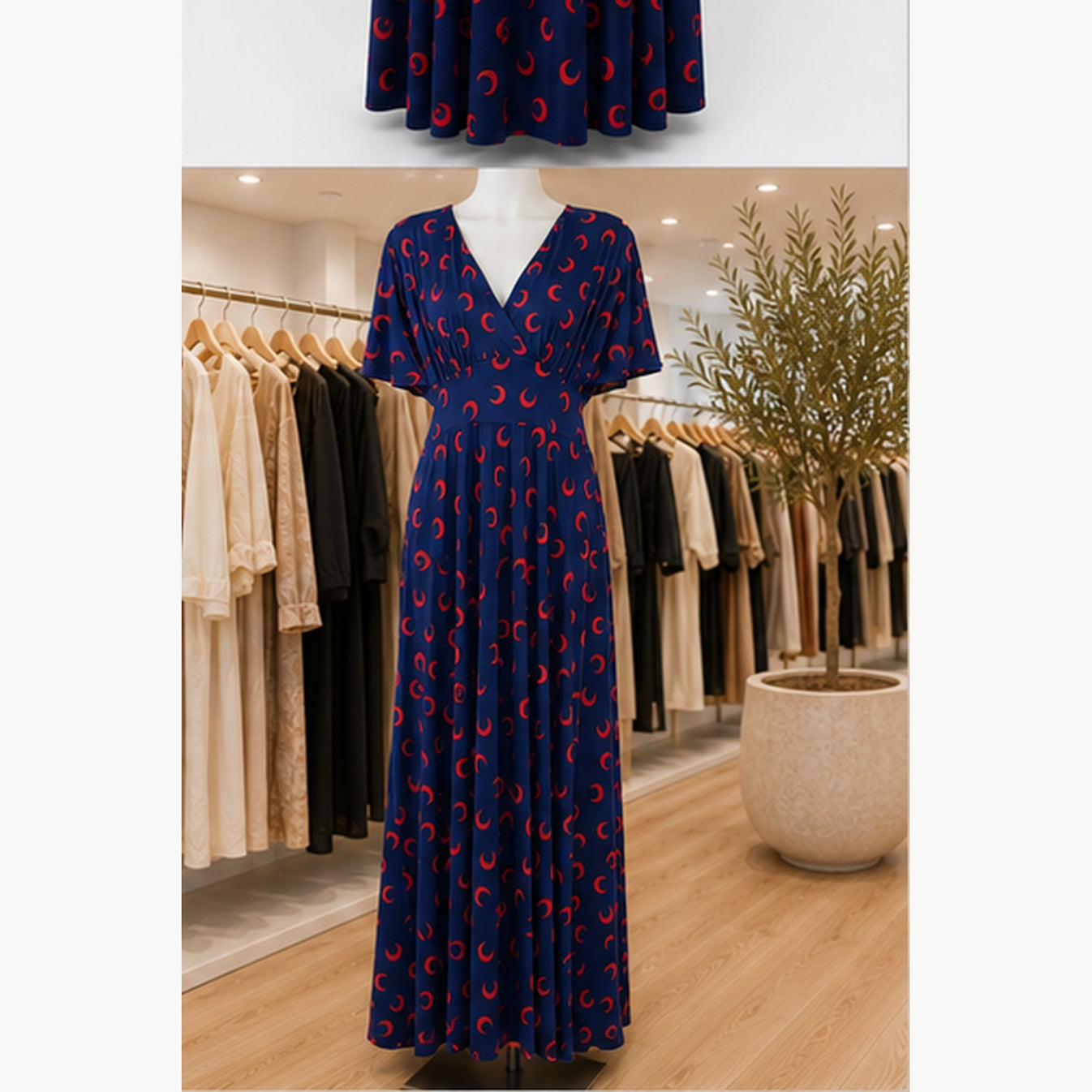 Jimi Fei Paris Maxi Jurk Dames - One Size - Navy Rood Maanprint - in setting