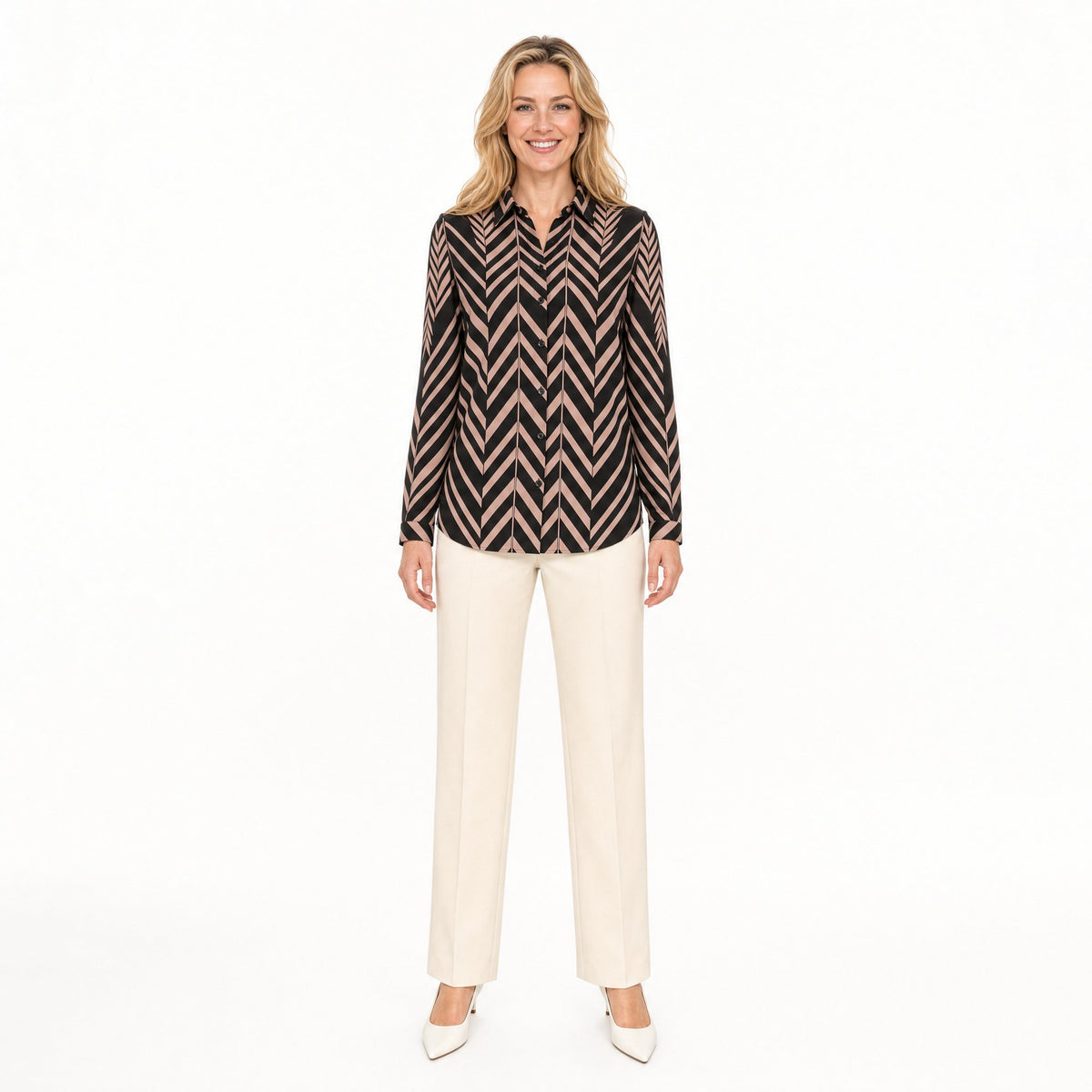 Angelle Milan Travelstof Blouse - Zwart Taupe Chevronprint