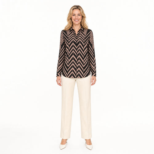 Angelle Milan Travelstof Blouse - Zwart Taupe Chevronprint