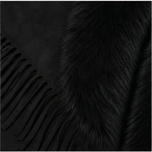 Suedine Driehoek Poncho met Franjes & Faux Fur Kraag