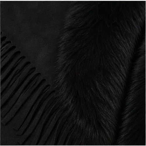 Suedine Driehoek Poncho met Franjes & Faux Fur Kraag
