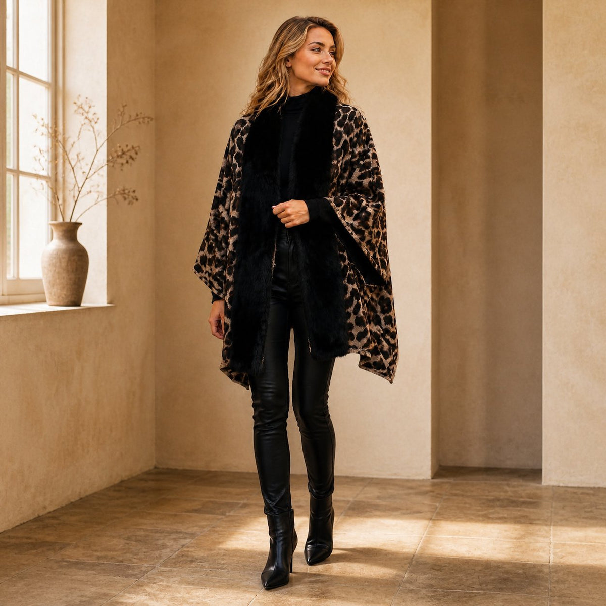 Stola Luipaardprint met Faux Fur Rand - 60x200 cm