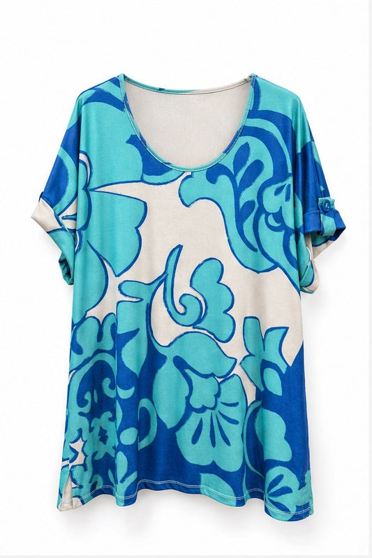 Joy top blauw/turquoise/creme - Vooraanzicht ghost mannequin