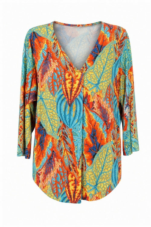 Joy top turquoise/oranje/geel/blauw - Vooraanzicht ghost mannequin