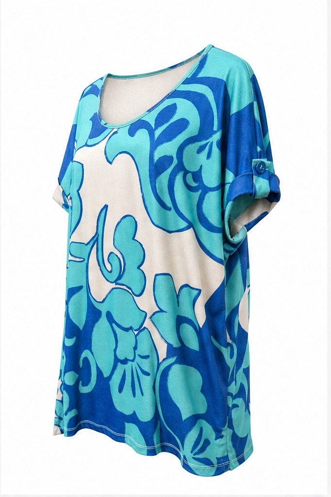 Joy top blauw/turquoise/creme - Zijaanzicht ghost mannequin