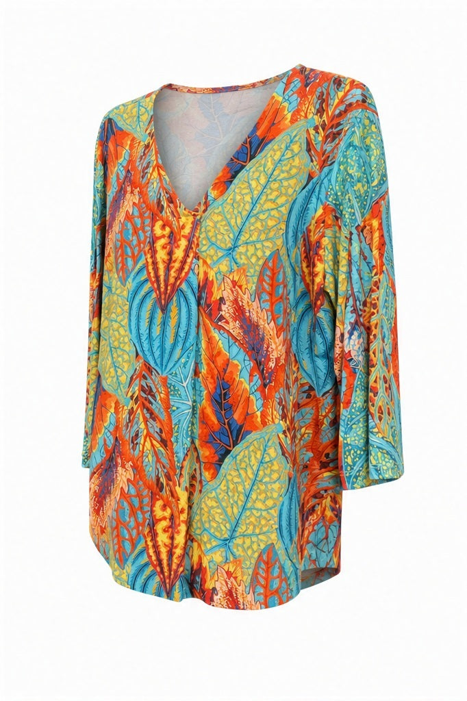 Joy top turquoise/oranje/geel/blauw - Zijaanzicht ghost mannequin