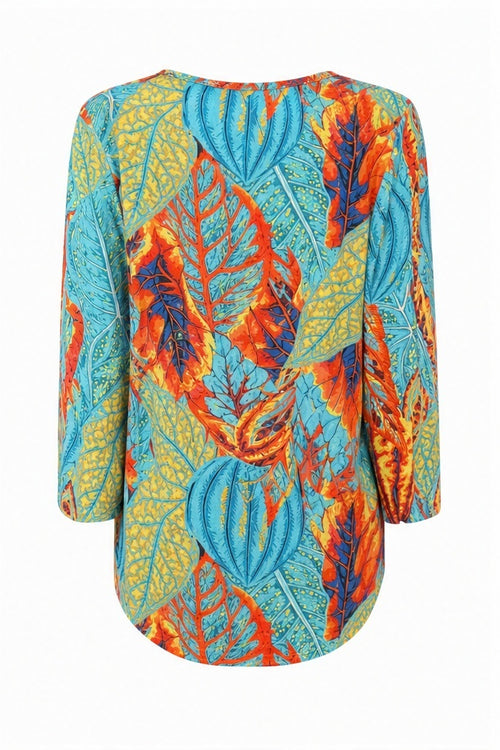 Joy top turquoise/oranje/geel/blauw - Achteraanzicht ghost mannequin