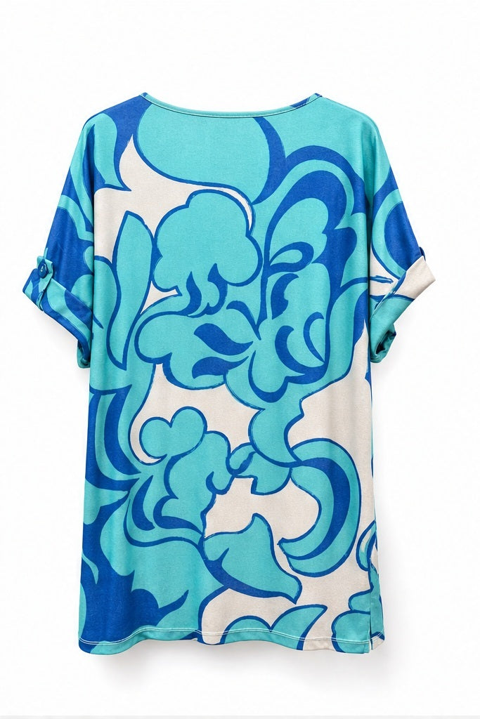 Joy top blauw/turquoise/creme - Achteraanzicht ghost mannequin