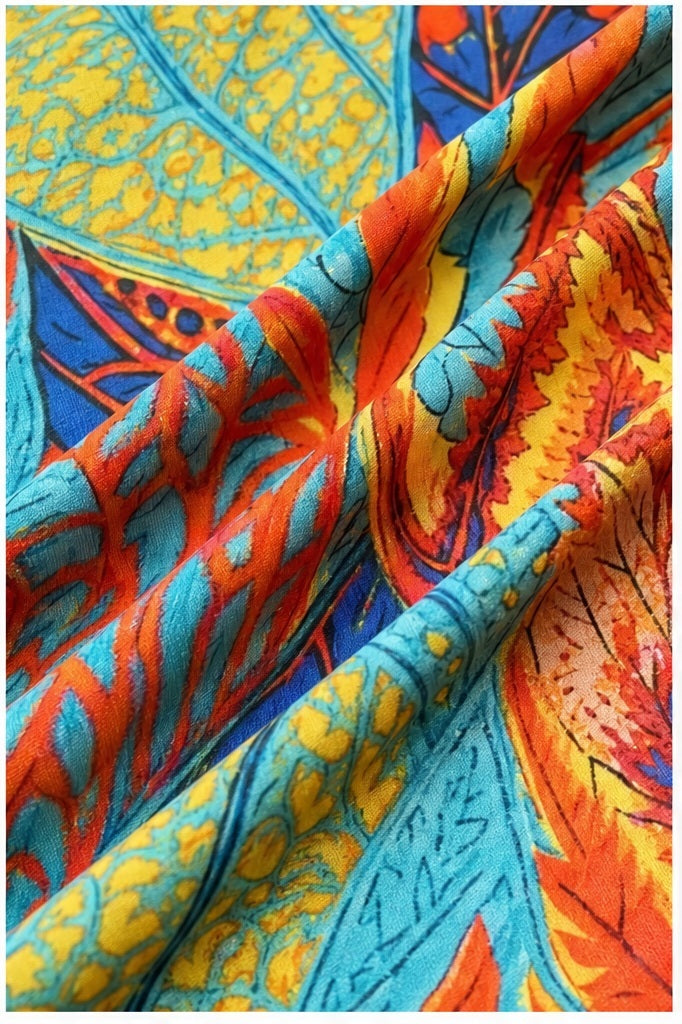 Joy top turquoise/oranje/geel/blauw - Detail stof, print en knopen
