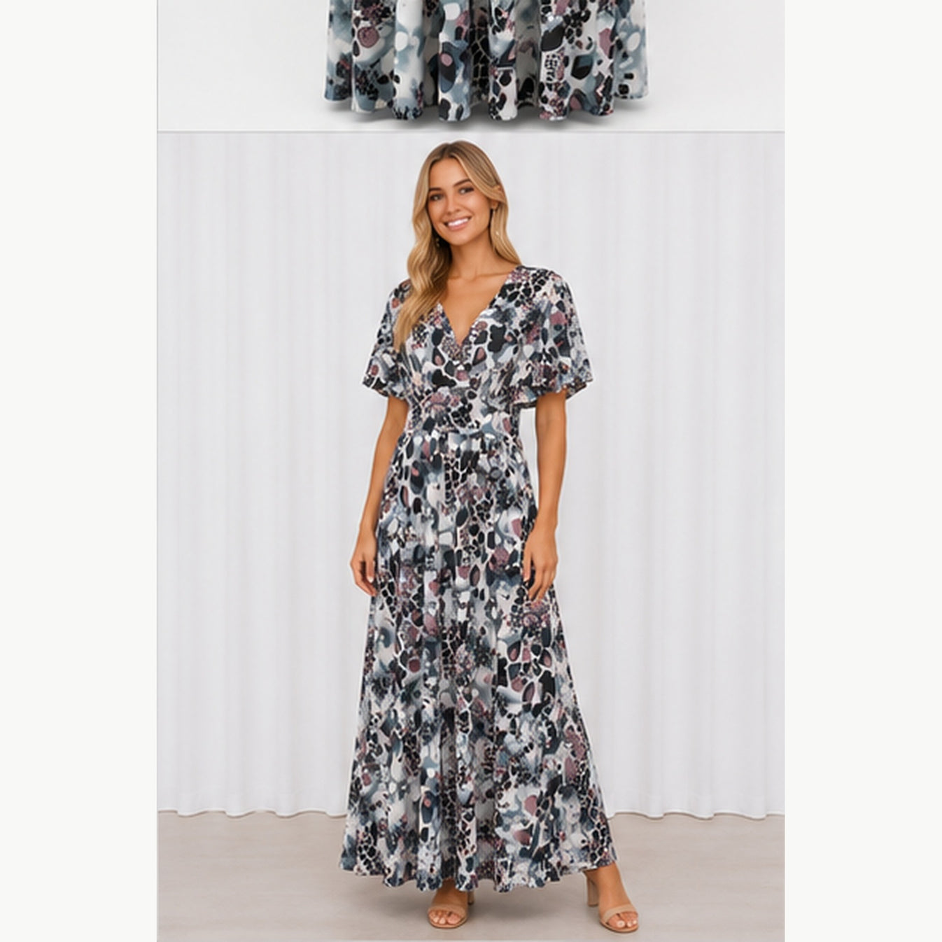 Jimi Fei Paris Maxi Jurk Dames - One Size - Grijs Mauve Animal Abstract - on model