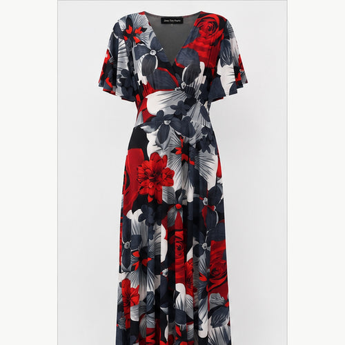 Jimi Fei Paris Maxi Jurk Dames - One Size - Rood Grijs Zwart Bloemenprint - front