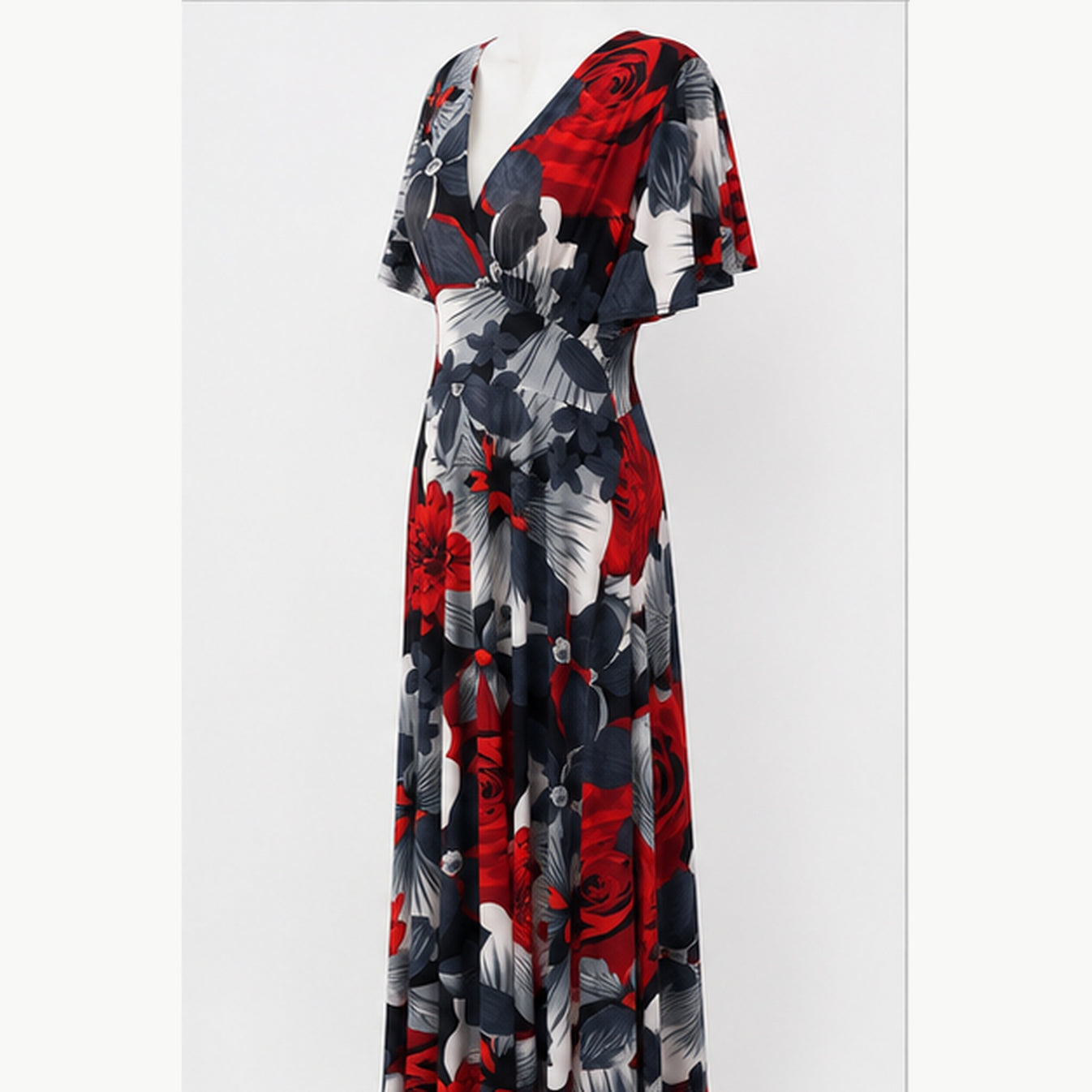 Jimi Fei Paris Maxi Jurk Dames - One Size - Rood Grijs Zwart Bloemenprint - side