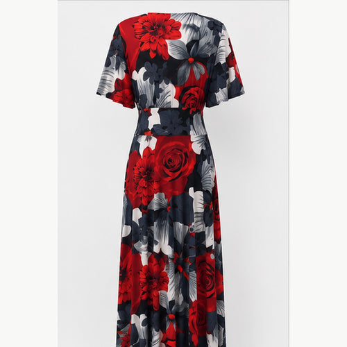 Jimi Fei Paris Maxi Jurk Dames - One Size - Rood Grijs Zwart Bloemenprint - back