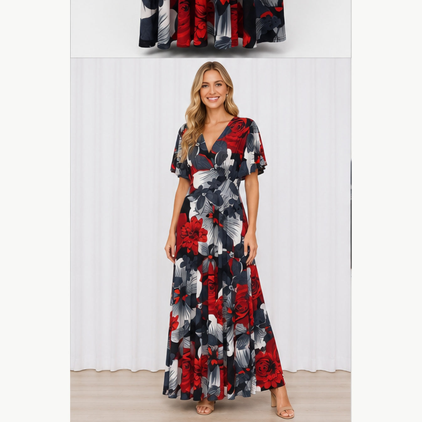 Jimi Fei Paris Maxi Jurk Dames - One Size - Rood Grijs Zwart Bloemenprint - on model