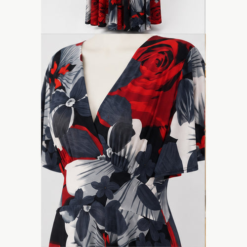 Jimi Fei Paris Maxi Jurk Dames - One Size - Rood Grijs Zwart Bloemenprint - detail