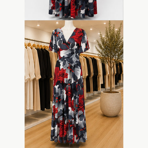 Jimi Fei Paris Maxi Jurk Dames - One Size - Rood Grijs Zwart Bloemenprint - in setting
