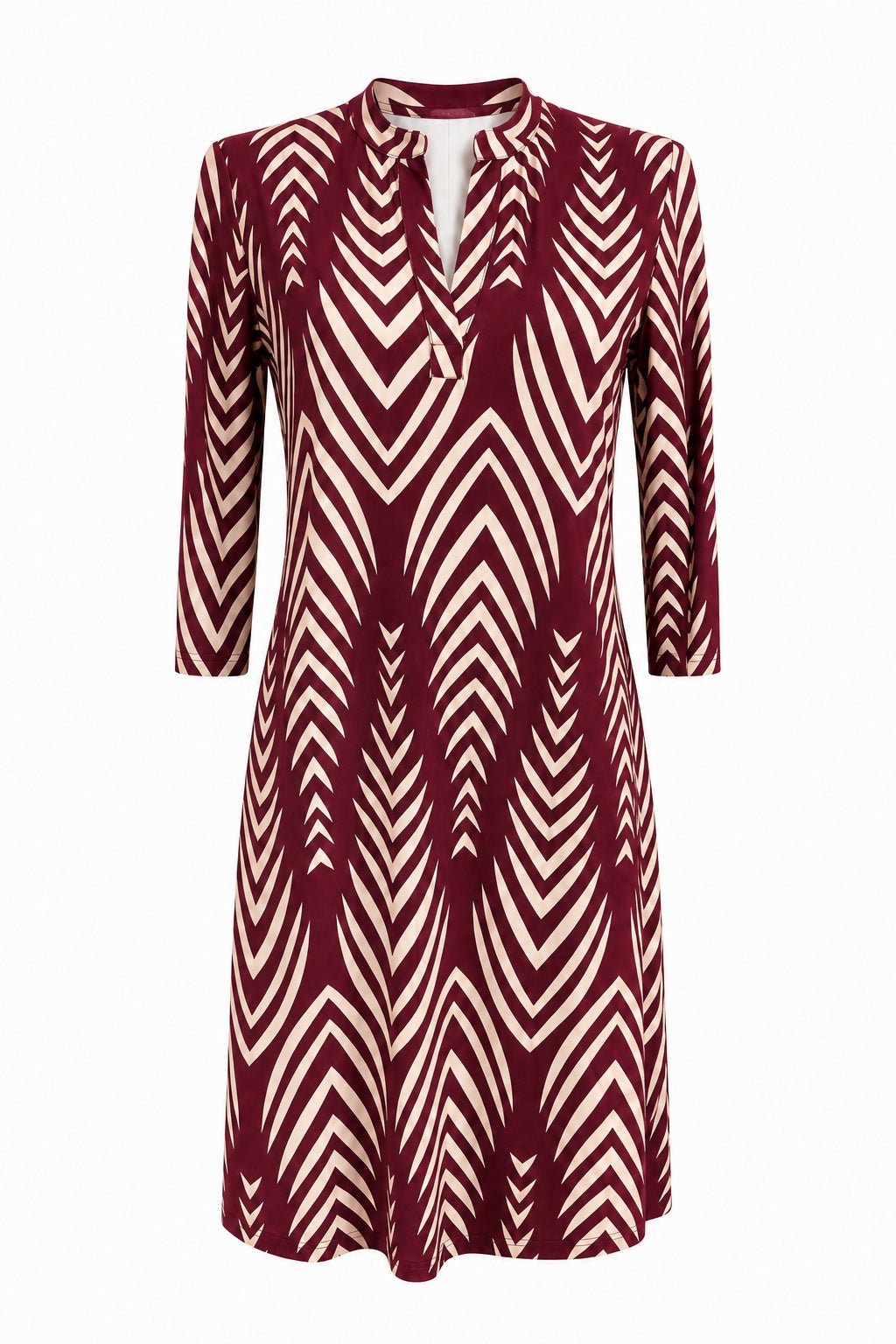 Angelle Milan Travelstof Jurk - Bordeaux Creme Chevronprint - Driekwart Mouw