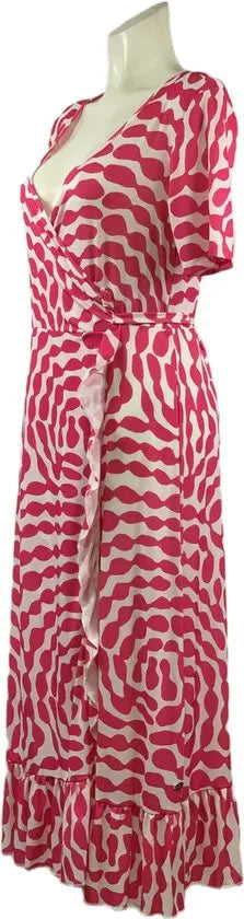 Angelle Milan - Lange travelstof jurk Roze met Wit Patroon - Travelstof - Rijk - Duurzaam In 5 maten - Mapsy B.V
