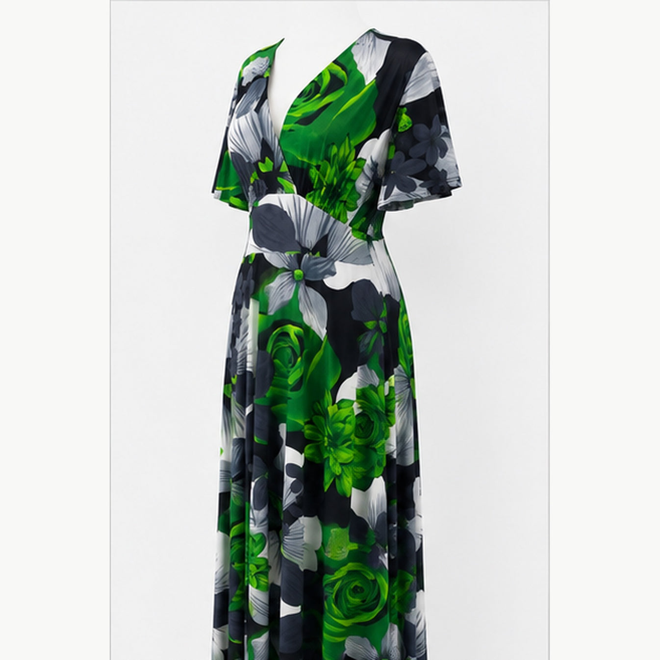 Jimi Fei Paris Maxi Jurk Dames - One Size - Groen Grijs Bloemenprint - side