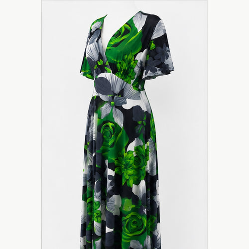 Jimi Fei Paris Maxi Jurk Dames - One Size - Groen Grijs Bloemenprint - side