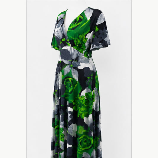 Jimi Fei Paris Maxi Jurk Dames - One Size - Groen Grijs Bloemenprint - side