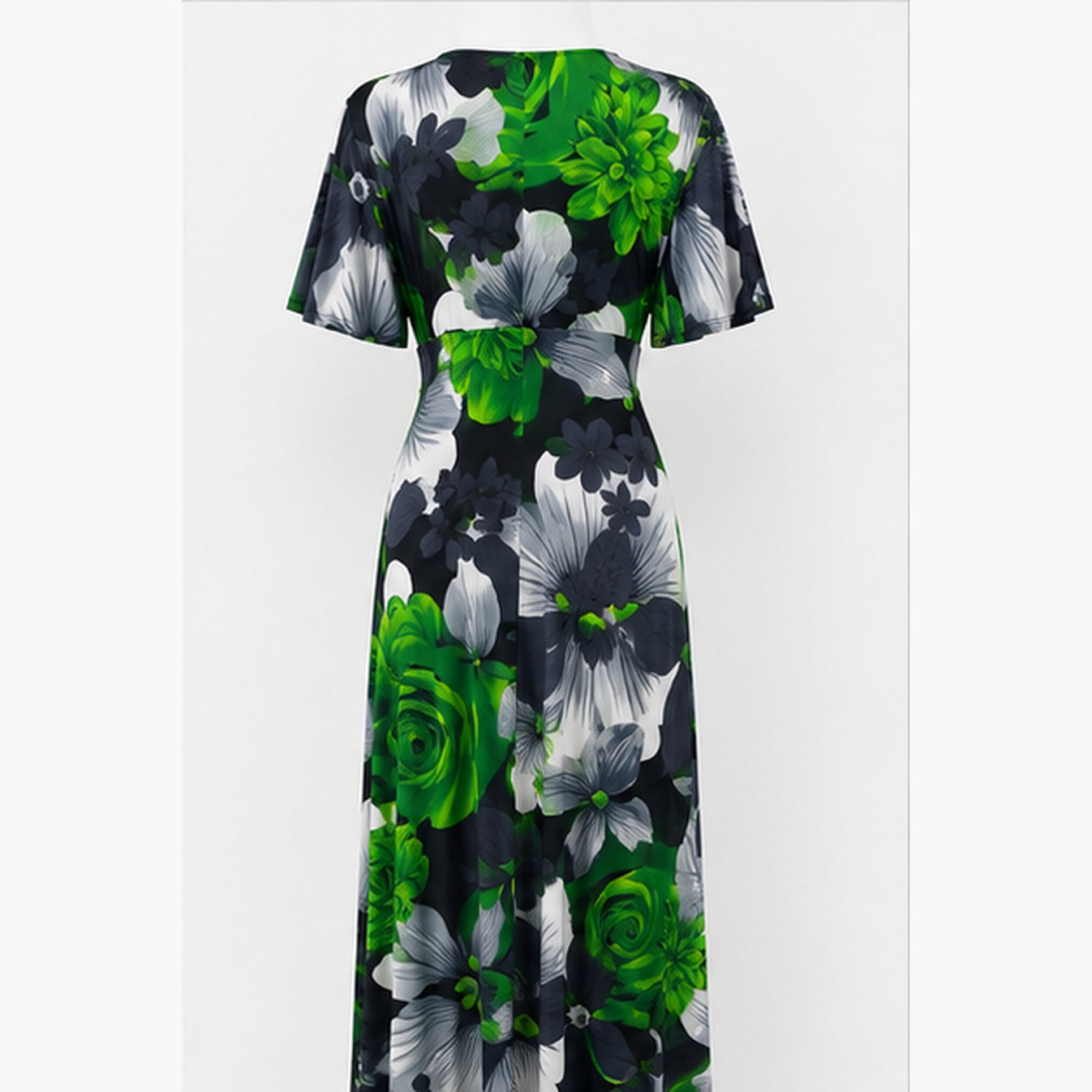 Jimi Fei Paris Maxi Jurk Dames - One Size - Groen Grijs Bloemenprint - back