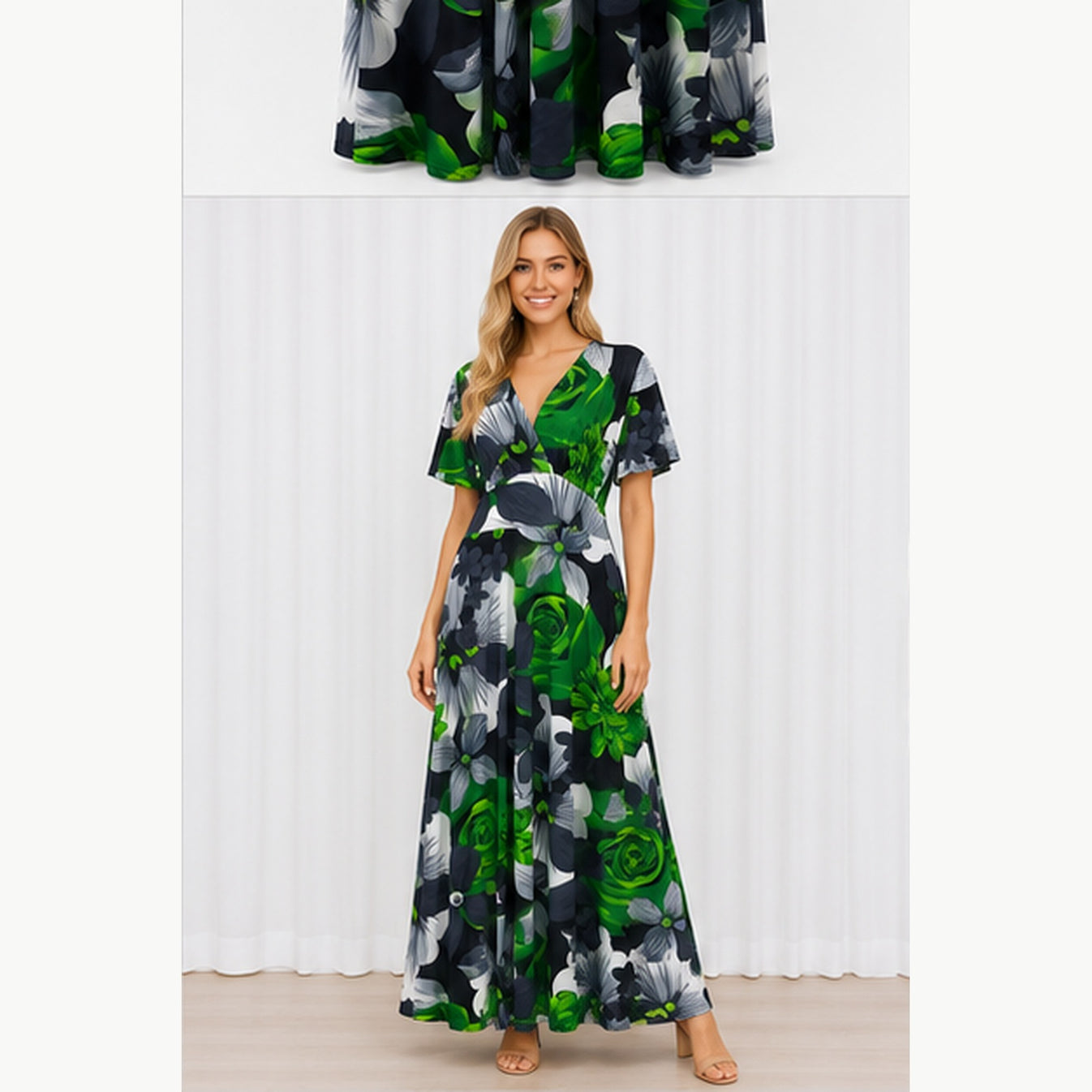 Jimi Fei Paris Maxi Jurk Dames - One Size - Groen Grijs Bloemenprint - on model