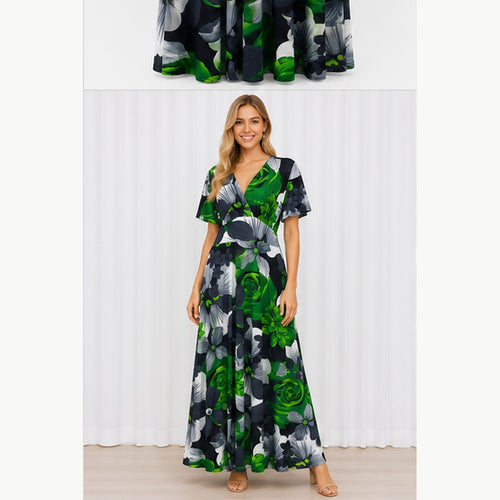 Jimi Fei Paris Maxi Jurk Dames - One Size - Groen Grijs Bloemenprint - on model