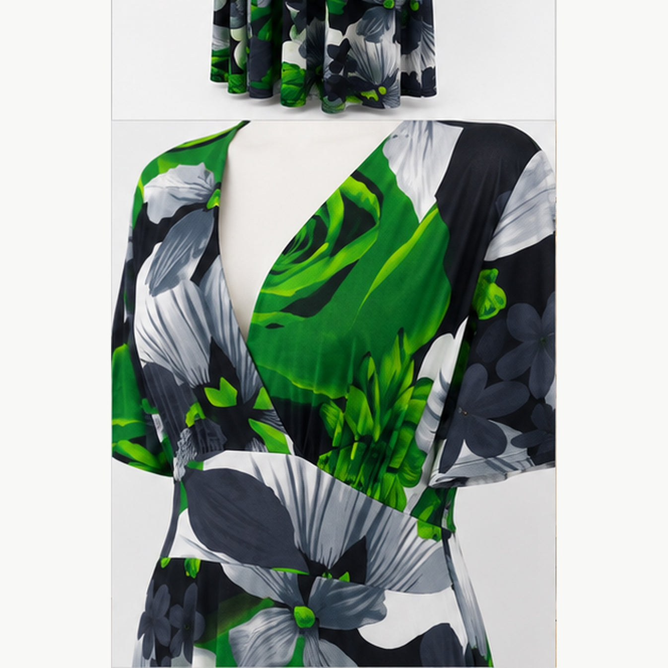 Jimi Fei Paris Maxi Jurk Dames - One Size - Groen Grijs Bloemenprint - detail