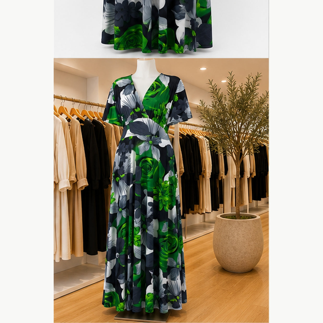 Jimi Fei Paris Maxi Jurk Dames - One Size - Groen Grijs Bloemenprint - in setting