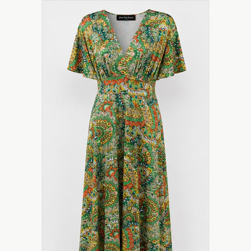 Jimi Fei Paris Maxi Jurk Dames - One Size - Groen Oranje Paisley - front