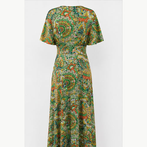 Jimi Fei Paris Maxi Jurk Dames - One Size - Groen Oranje Paisley - back