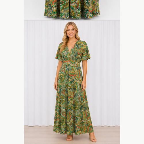 Jimi Fei Paris Maxi Jurk Dames - One Size - Groen Oranje Paisley - on model