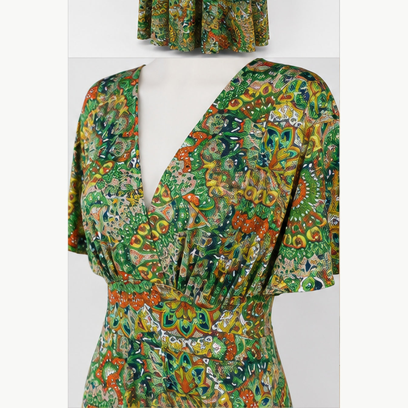Jimi Fei Paris Maxi Jurk Dames - One Size - Groen Oranje Paisley - detail