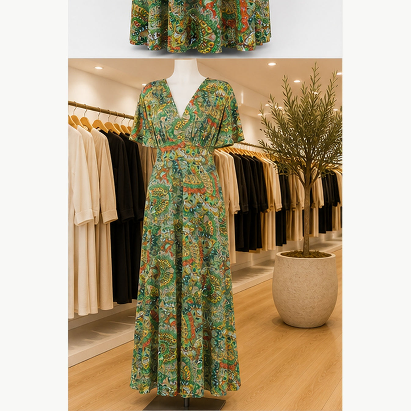 Jimi Fei Paris Maxi Jurk Dames - One Size - Groen Oranje Paisley - in setting