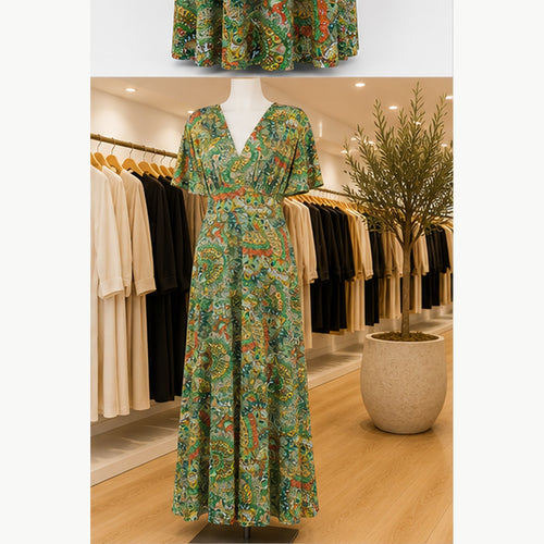 Jimi Fei Paris Maxi Jurk Dames - One Size - Groen Oranje Paisley - in setting