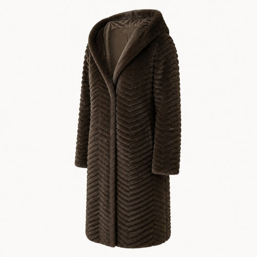 Lange Geribbelde Faux Fur Jas - Capuchon - One Size - Donkerbruin