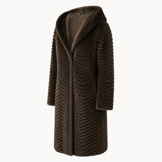 Lange Geribbelde Faux Fur Jas - Capuchon - One Size - Donkerbruin