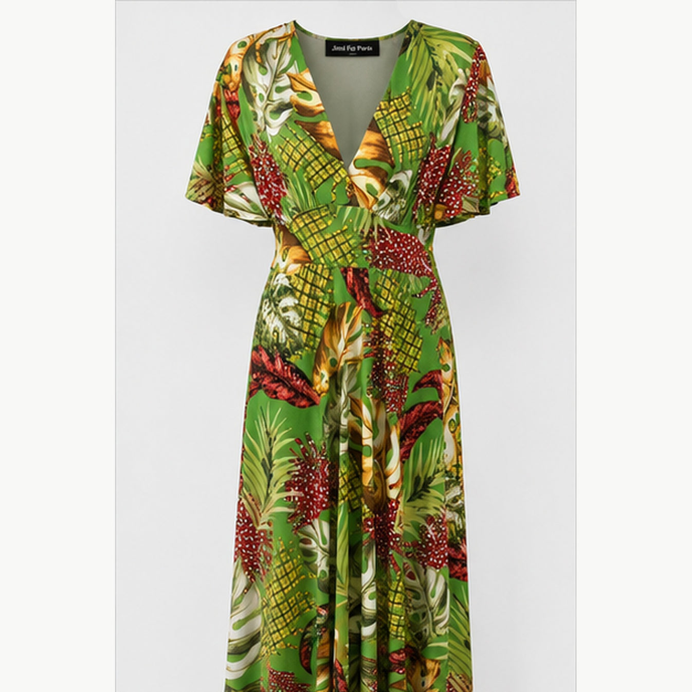 Jimi Fei Paris Maxi Jurk Dames - One Size - Groen Tropisch Bladprint - front