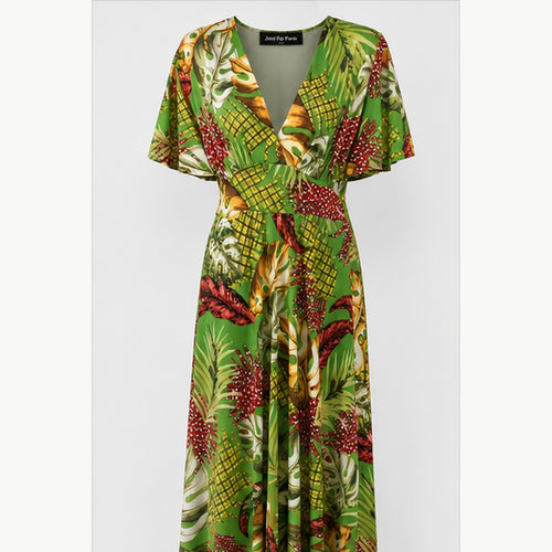 Jimi Fei Paris Maxi Jurk Dames - One Size - Groen Tropisch Bladprint - front